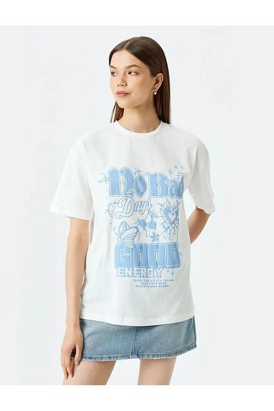 Koton Slogan Printed Short Sleeve Crew Neck Comfortable Fit T-Shirt