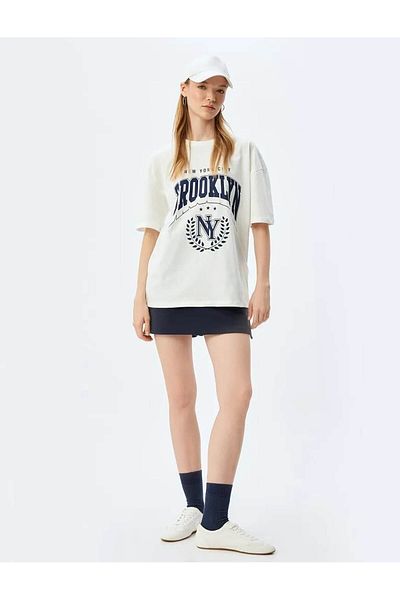 Koton College Printed Oversize Cotton T-Shirt - Crew Neck, Short Sleeve