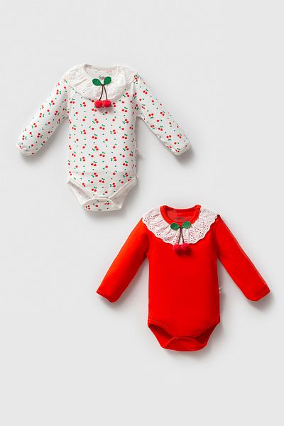 İmaj Baby Girl Cherry Lace 2 Pieces Long Sleeve Bodysuit