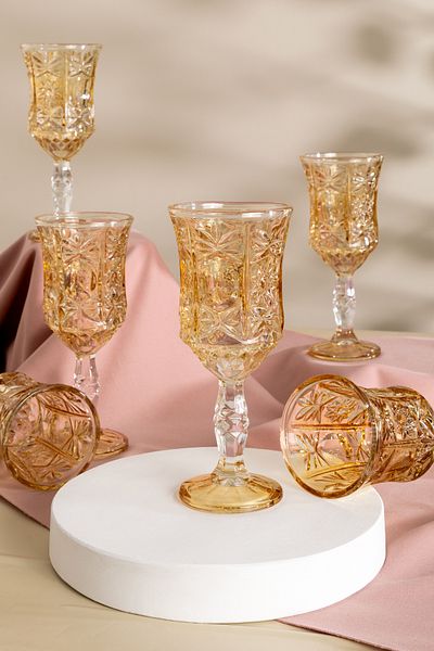 MEST Cool 6 Pieces Luxury Glass Coffee Side Water Cup Set - 210 Cc Honey Color