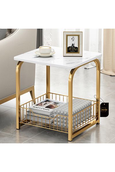 sharpdo Modern End Table With Storage Basket Sofa Side Table With Marble Design For Living Room