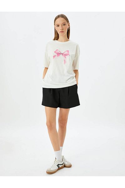 Koton Crew Neck Bow Printed Comfortable Fit Short Sleeve T-Shirt