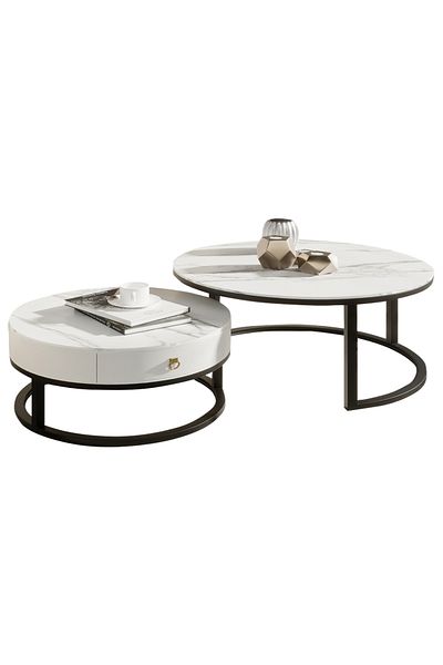 sharpdo Household Living Room Rock Panel Retractable Tea Table Circular Tea Table 70*70*45&50*50*40CM