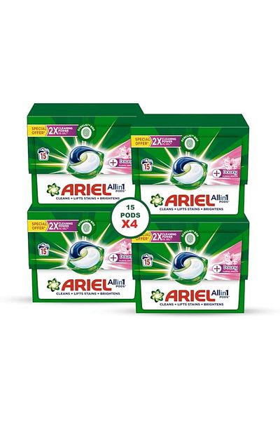 Ariel Floral Breeze All-in-1 Pods, 15 count, Laundry Detergent Pods, (Pack of 4), 60 Pods
