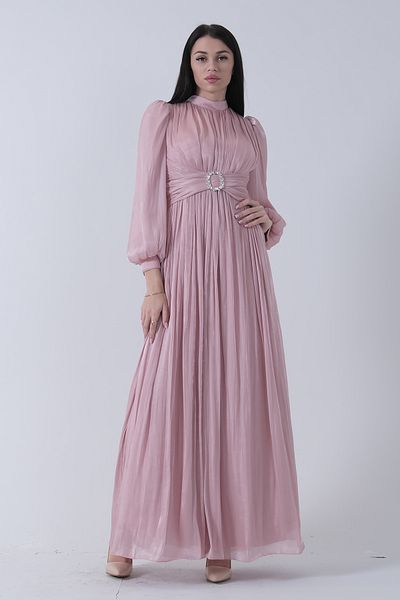 Feminist Belt Buckle Accessory Crew Neck Hijab Evening Dress Powder 6502493
