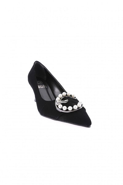 DGN Black Velvet Women's Heeled Shoes - Pearl Stone Detail