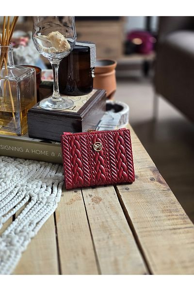 Moom Bag Women's Red Woven Pattern Square Card Holder Detailed Wallet