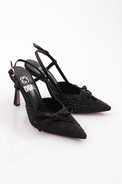 DGN Pantofi de seară cu toc de piatră cu cravată la spate de damă din satin negru 7814535