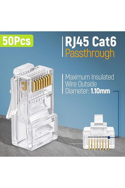 ZoeRax 50 قطعة من موصلات ZoeRax RJ45 Cat6 Pass Through - قابس معياري سهل الاستخدام للتوصيلات الصلبة أو السلكية