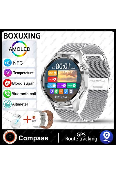 BOXUXING NFC GT4 Pro Silver Mesh belt For Huawei Smart Watch Men Watch 4 Pro AMOLED HD Screen Bluetooth Call