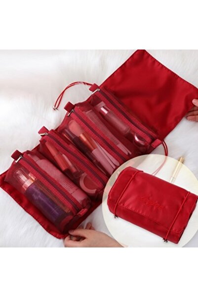 Buldug حقيبة مستحضرات تجميل نسائية مقاومة للماء 4 في 1 - حمراء، محمولة