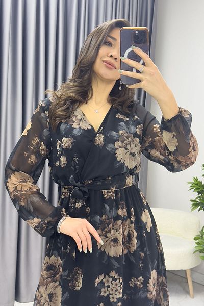 zks grup tekstil Women's Double Breasted Neckline Short Chiffon Dress Brown Floral with Tie-Dye Pattern