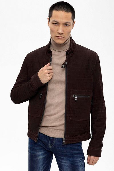 Deriderim Brown Jovanni Zippered Men's Genuine Suede Coat with Snap Buckle and Crocodile Print on Waist and Collar