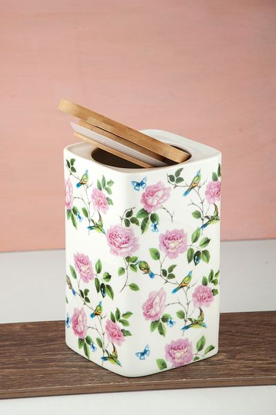 Bursa Porselen Dekor Pink Rose and Bird Large Size Vacuum Bamboo Lid Porcelain Spice Jar