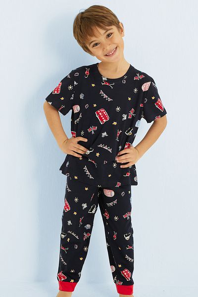 Siyah İnci Navy Blue Boy's 100% Cotton Animal Printed Crew Neck Pajama Set 25110151