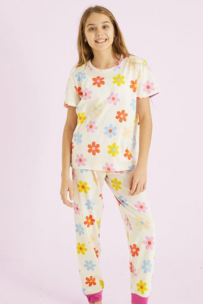 Siyah İnci Ecru Girl's 100% Cotton Floral Printed Crew Neck Pajamas Suit 25110054