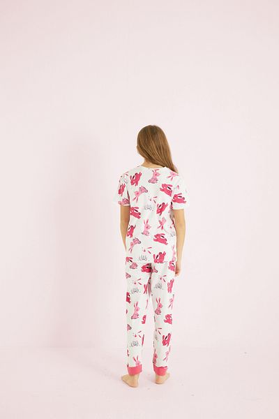 Siyah İnci White Girl's 100% Cotton Rabbit Printed Crew Neck Pajama Set 25110056