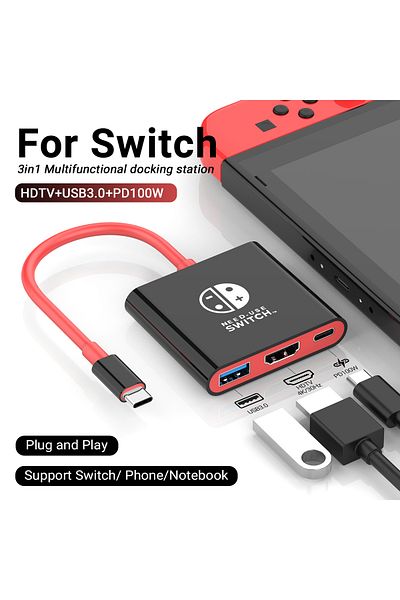 Choice محطة إرساء نينتندو سويتش محمولة باللونين الأسود والأحمر مع موزع TYPE-C مع HDMI وUSB 3.0 مثالية لـ