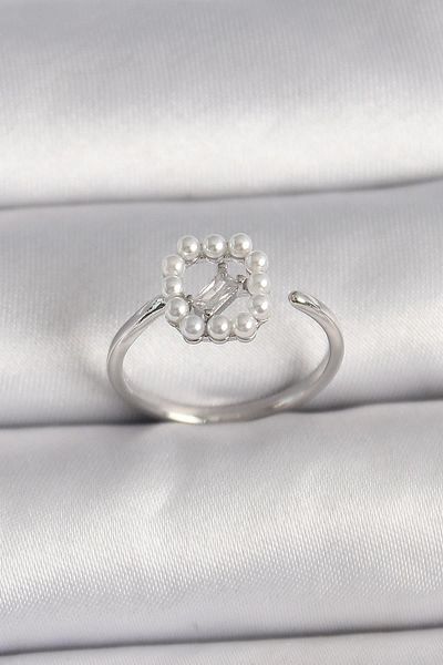 Celira Brass Silver Color Zircon Stone Detailed Adjustable Ring with Pearls