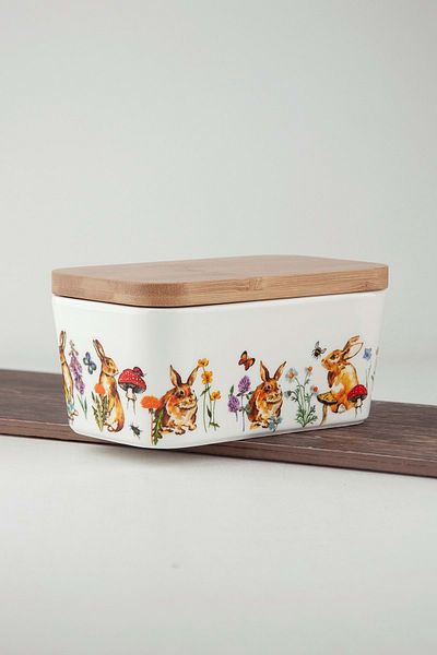 Bursa Porselen Dekor Porcelain Butter Dish with Rabbit Bamboo Lid