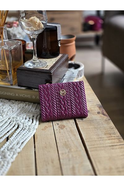 Moom Bag Women's Purple Woven Pattern Square Card Holder Detailed Wallet