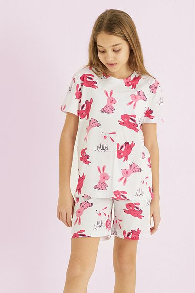 Siyah İnci White Girl's 100% Cotton Rabbit Printed Crew Neck Shorts Set 25110006