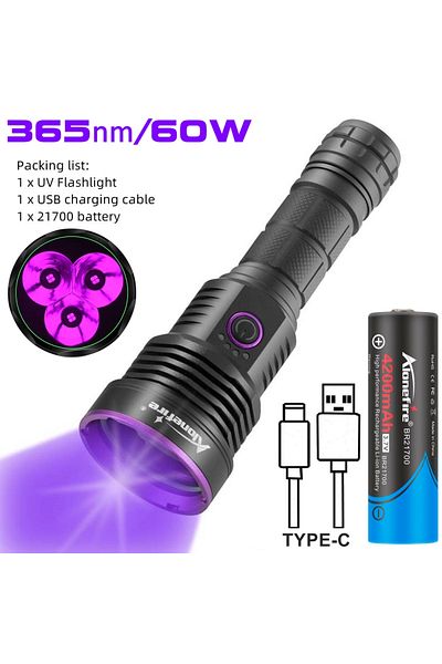 Choice 21700 Black 365nm-60w 3x365nm 60w Uv Flashlight Usb Rechargeable Blacklight Curing Cat Tinea Pet Uri