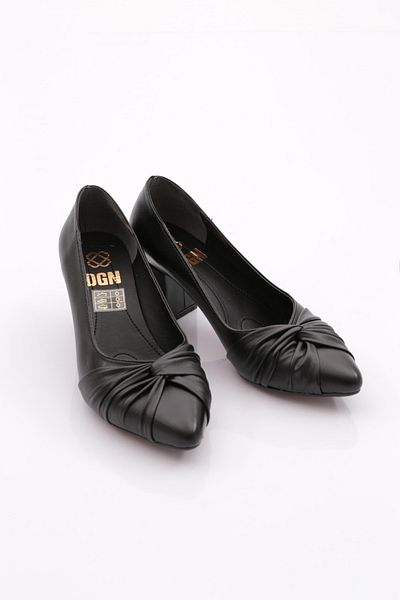 DGN K627 Pantofi cu toc scurt pentru femei, cu vârf ascuțit, cu șnur, negru cu laser