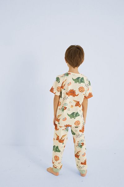 Siyah İnci Σετ πιτζάμες Ecru Boy's 100% Cotton Dinosaur Print Crew Neck