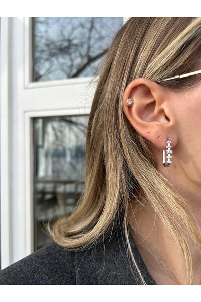 Jerie Silver Zircon Stone Rectangle Hoop Earrings