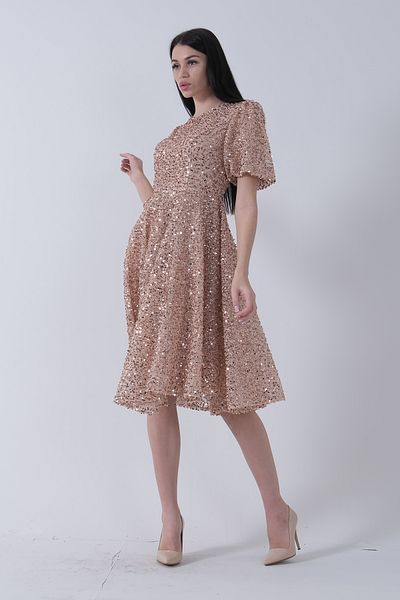 Feminist Gold Midi Evening Dress - Sequins and Short Sleeve 6502498