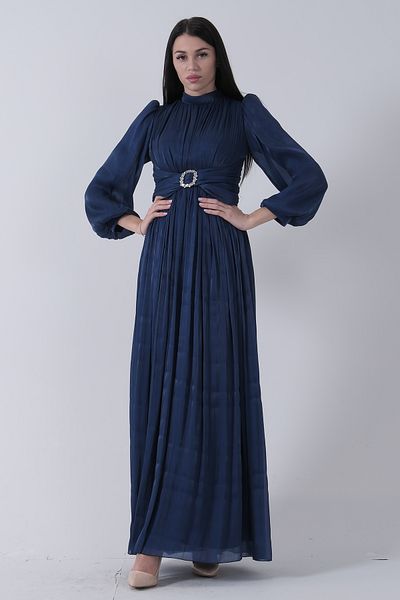 Feminist Belt Buckle Accessory Crew Neck Hijab Evening Dress Navy Blue 6502493