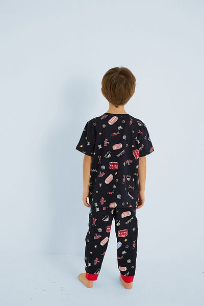 Siyah İnci Navy Blue Boy's 100% Cotton Animal Printed Crew Neck Pajama Set 25110151