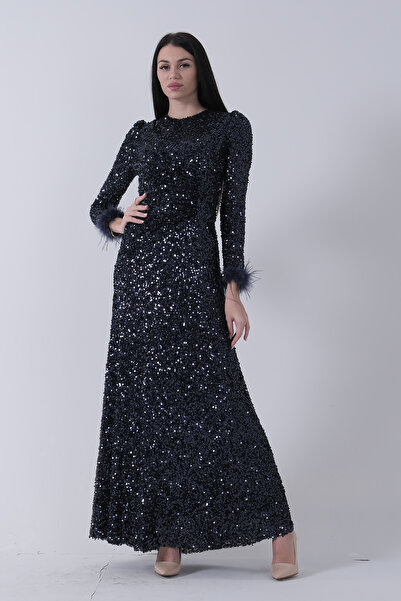 Feminist Bilek Ucu Tüylü Pul Payetli Tesettür Abiye Lacivert 6502496