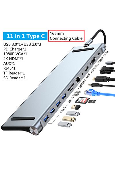 Choice 11 in 1 11/12-in-1 Type C Dock USB C Hub 3.0 Splitter Multiport Adapter 4K RJ45 SD/TF VGA HDMI-compa
