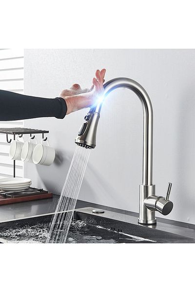 MYQualife Brushed nickel C Pull Out Sensor Black Kitchen Faucet Sensitive Touch Control Faucet Mixer For Kitch