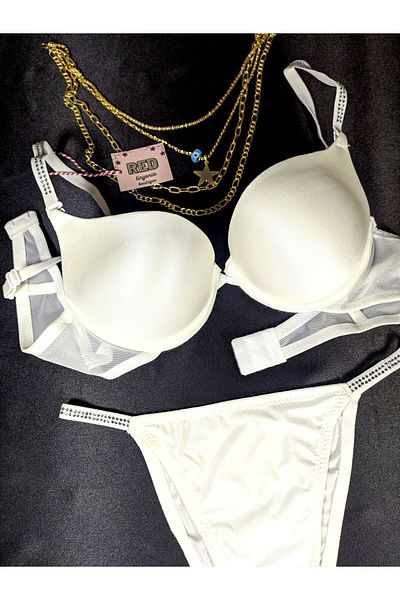 red iç giyim Stripe Stone Motif, Underwire and Soft Cup Ecru Bra and Panty Set