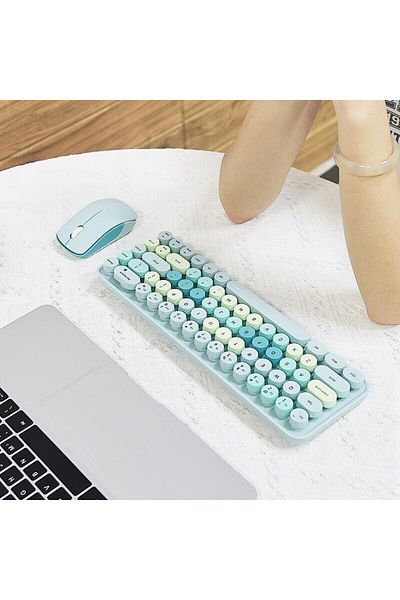 Choice Blue Color MOFII Wireless Keyboard and Mouse, Cute Colorful 68 Round Keycap Compact Keyboard for Com