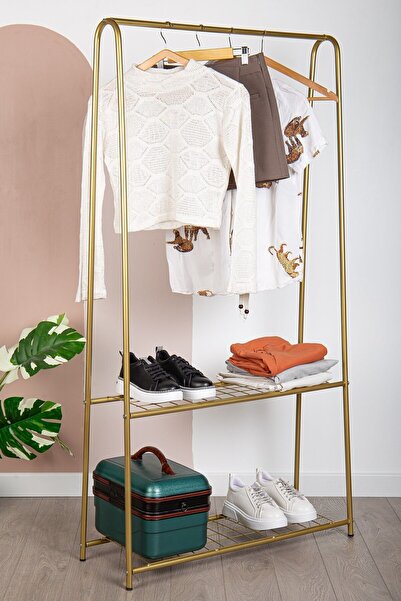 Fec Reklam Gold Raflı Metal Ayaklı Askılık Çift Raflı Gold Ayaklı Elbise Askılığı Konfeksiyon Askılığı