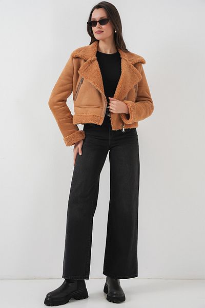 Bigdart 5155 Zweireihige Kunstpelzjacke aus Leder - Hellbraun