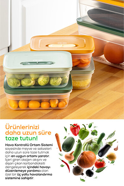 Vienev Adjustable Vegetable and Fruit Storage Container with 10 Air Ducts 4X(1.15 Lt) 2X(2.35-3.8-5 Lt) Orange