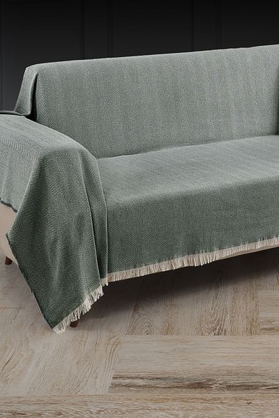 LADYNİL Fringed Sofa Cover Covering Arms 100% Cotton |   Sofa Shawl 180X300 cm Green