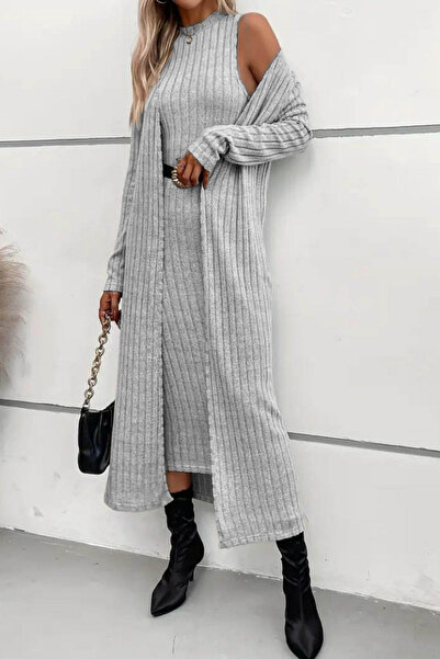 DÖPİYES Dik Yaka Şardonlu Midi Elbise Hırka İkili Takım