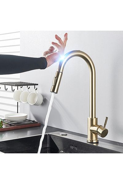 MYQualife Brushed gold A Pull Out Sensor Black Kitchen Faucet Sensitive Touch Control Faucet Mixer For Kitchen