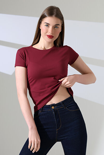 Endies طاقم الرقبة قصيرة الأكمام بتمشيط القطن المضغوط ليكرا الأساسية تي شيرت ...