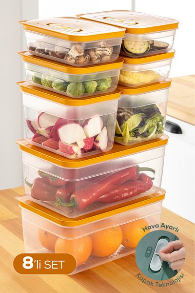Vienev Adjustable Vegetable and Fruit Storage Container with 8 Air Ducts 4X(1.15 Lt) 2X(2.35-5 Lt) Orange