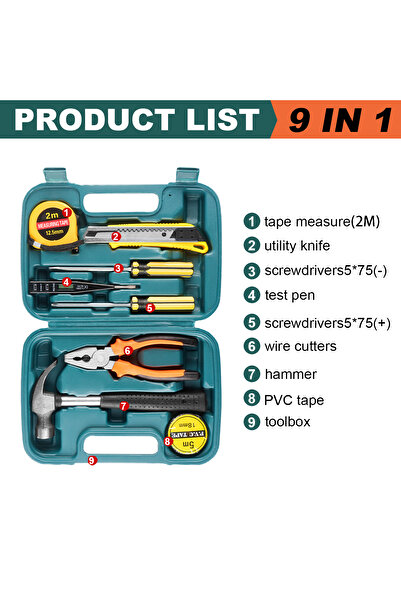 Choice 9 in 1 Box Blue 8/9/12/13Piece Tools Set General House hold Hand Tool Kit with Plastic Toolbox Stora