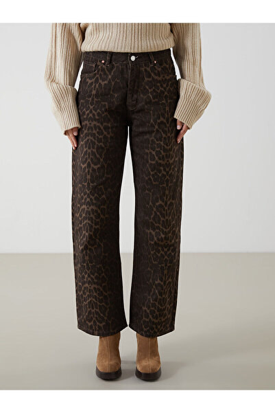 LC Waikiki Kahverengi Leopar Desenli Wideleg Kadın Jean Pantolon