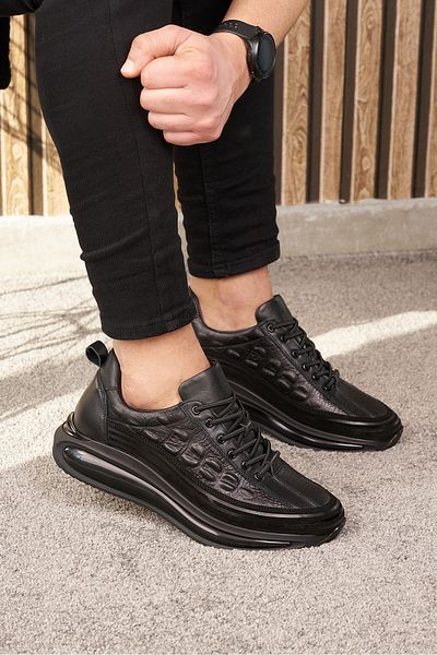 İmerShoes Casual Men's Black Shoes Genuine Leather Lace-Up High Sole Suede Detail Ankle Support Sneaker 367