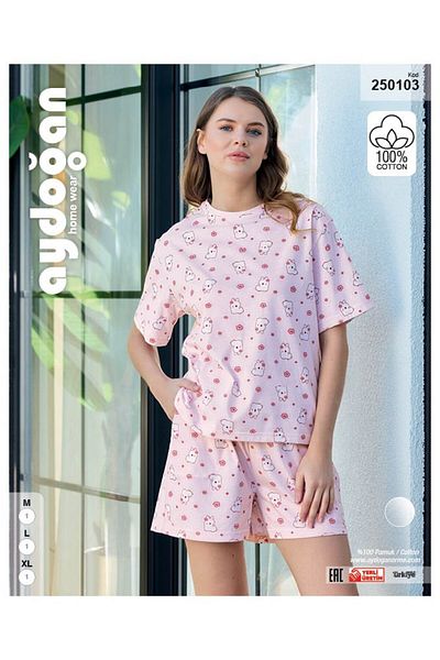 Aydoğan Brand 100% Cotton Rabbit Patterned Short Sleeve Light Pink Color Women's Pajama Set with Shorts 250103
